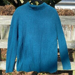 Lands End Turquoise Mock Neck Ribbed Knit Sweater -Cotton/Wool Blend